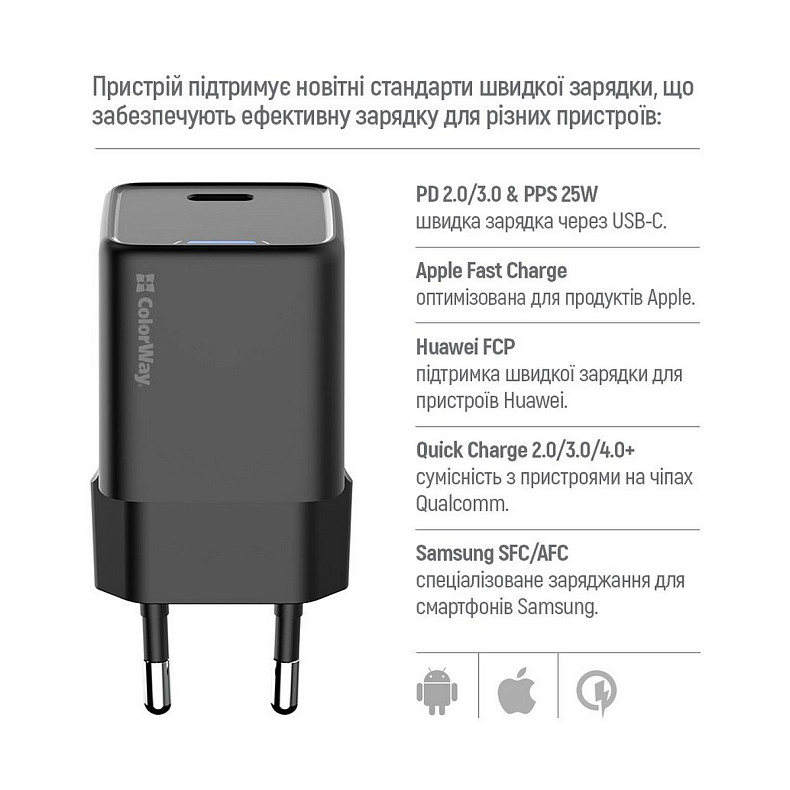 Сетевое зарядное устройство ColorWay GaN Mini 25W PD Port PPS USB-C Black (CW-CHS052PD-BK)