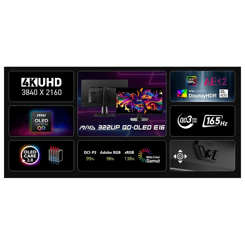 Монітор MSI 31.5" MAG 322UP-E16 2xHDMI, DP, USB-C, Audio, QD-OLED, 3840x2160, 165Hz, 0.03ms, sRGB 13