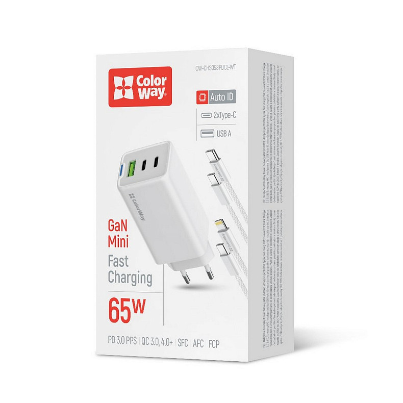 Сетевое зарядное устройство ColorWay GaN Mini 65W PD Port PPS USB (USB-2C1A) White (CW-CHS058PDCL-WT