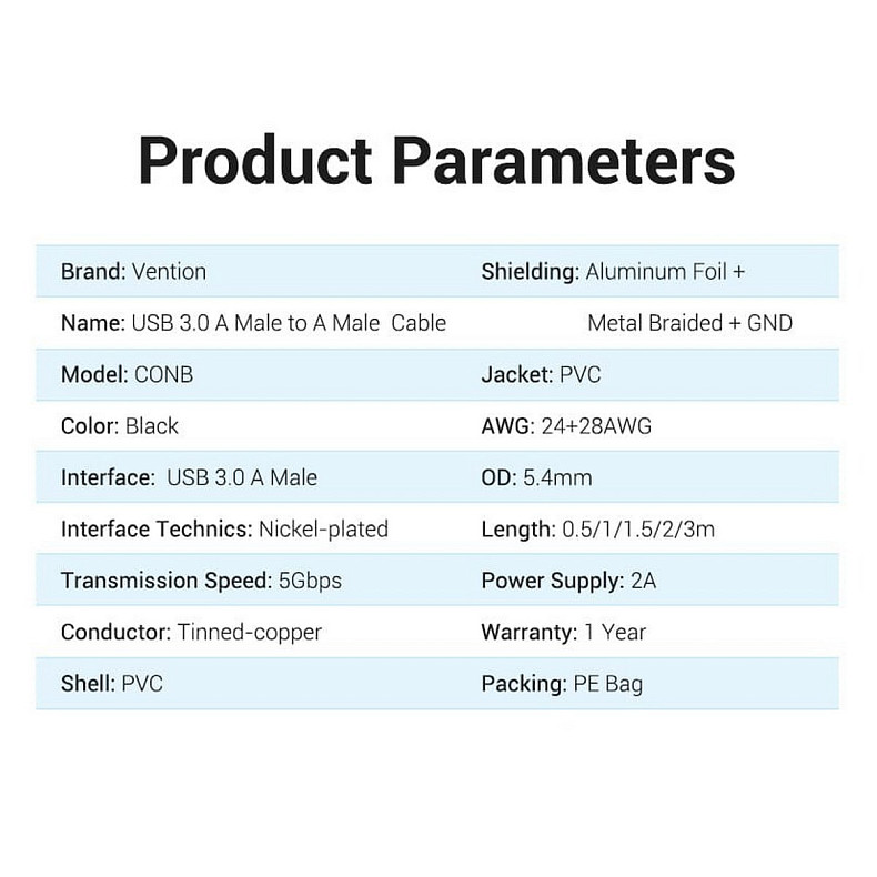 Кабель Vention USB - USB V 3.0 (M/M), 1 м, Black (CONBF)