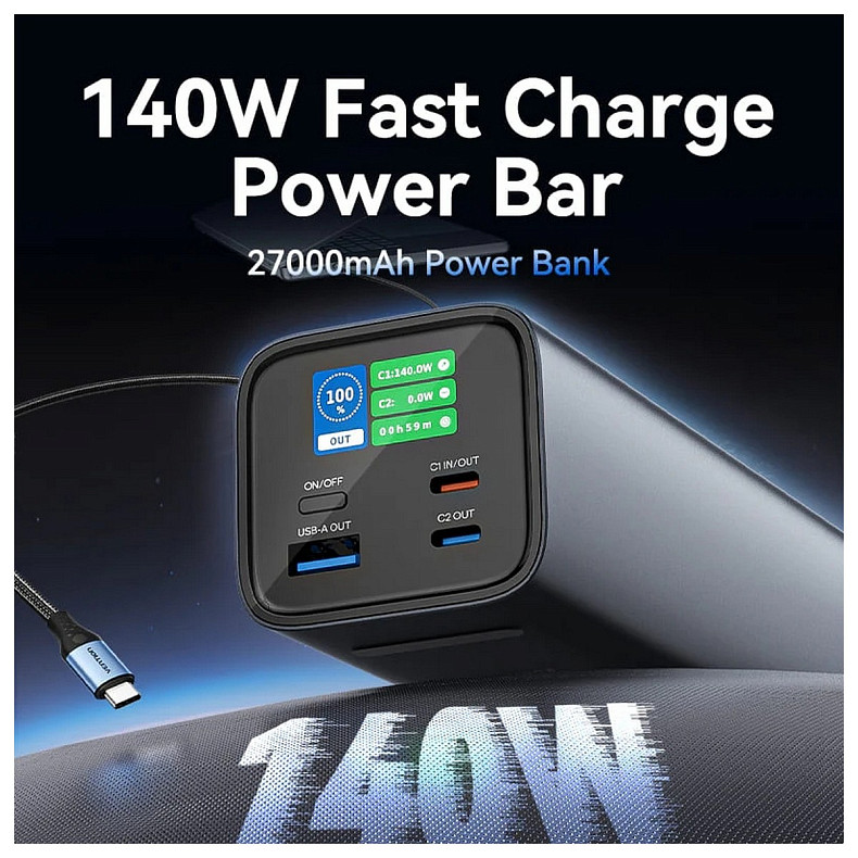 УМБ Vention 27000mAh 140W 5A PD, QC3.0, 2xUSB-C, USB-A, LED Display, Gray
