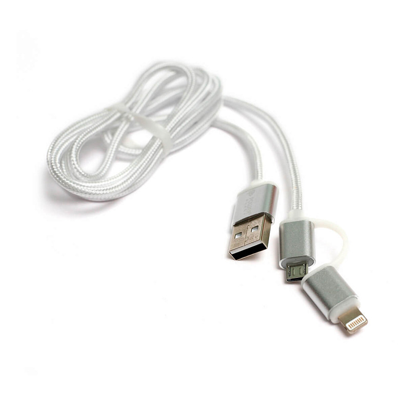 Кабель синхронізації PowerPlant Quick Charge 2A 2-в-1 Сotton USB 2.0 AM – Lightning/Micro 1м Silver