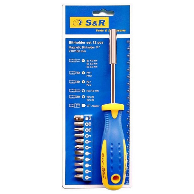 Отвертка-держатель бит S&R 1/4" 100 мм со сменными битами 11 шт (250011100)