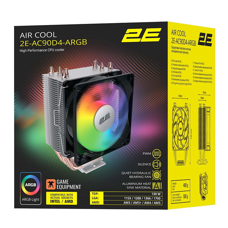 Процесорний кулер 2E GAMING Air Cool AC90D4-ARGB, LGA1700, 1200, 115x, 1366, AM5, AM4, AM3, AM3+