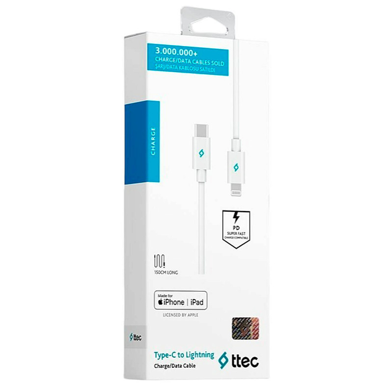 Кабель Ttec (2DKM04B) USB-C-Lightning, 1.5м White MFi