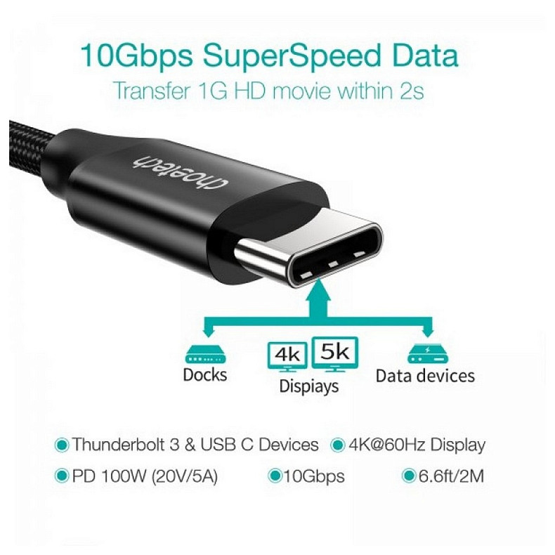 Кабель USB 3.1 Gen2 Type-C M-M, 2.0 м, (100W,4K60Hz) оплетка, черный Choetech