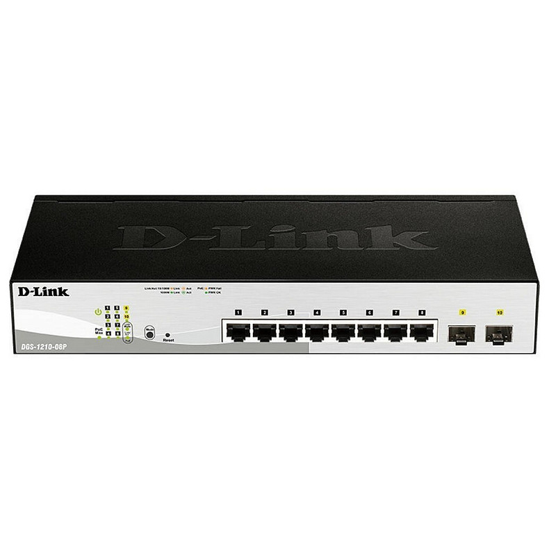 Коммутатор D-Link DGS-1210-08P 8x1GE PoE, 2xSFP