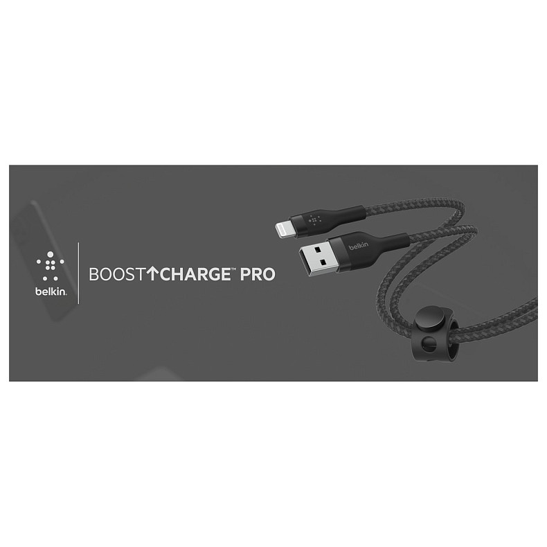 Кабель Belkin USB-A - Lightning плетений, силіконовий, з ремінцем на магніті, 1м, Black