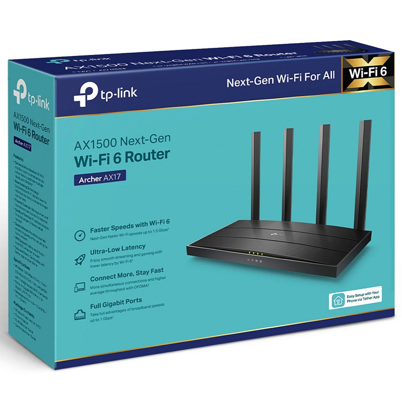 Wi-Fi Роутер TP-LINK ARCHER AX17 AX1500, 3x GE LAN, 1x GE WAN, MESH
