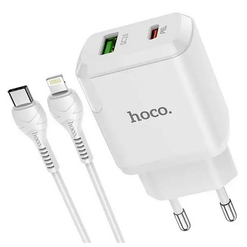 Сетевое зарядное устройство Hoco N5 (1USB 3A QC3.0 + 1 PD Type-C) White (S25619) + кабель Lightning