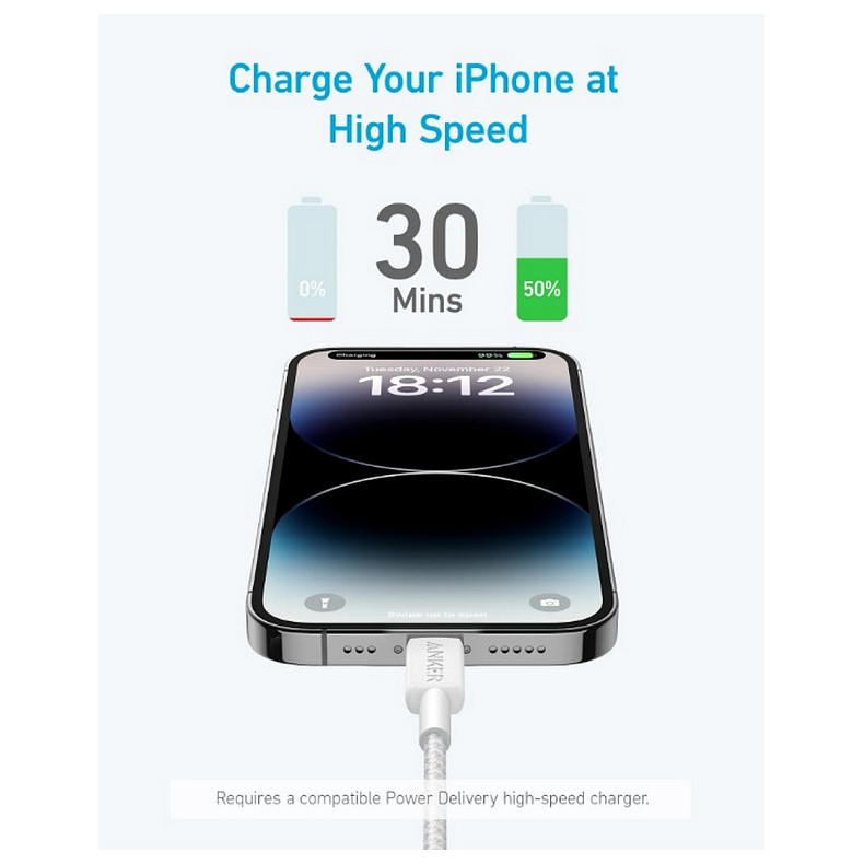 Кабель ANKER 322 USB-C to Lightning - 1.8m Nylon (Белый)