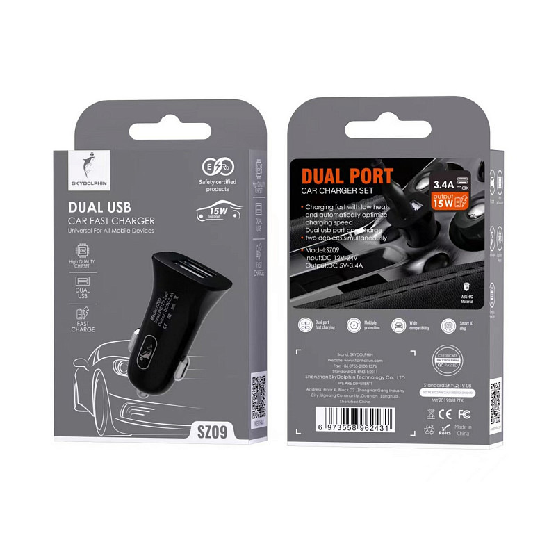 Автомобильное зарядное устройство SkyDolphin SZ09 (2USB, 3.4A) Black (SDAZP-000107)