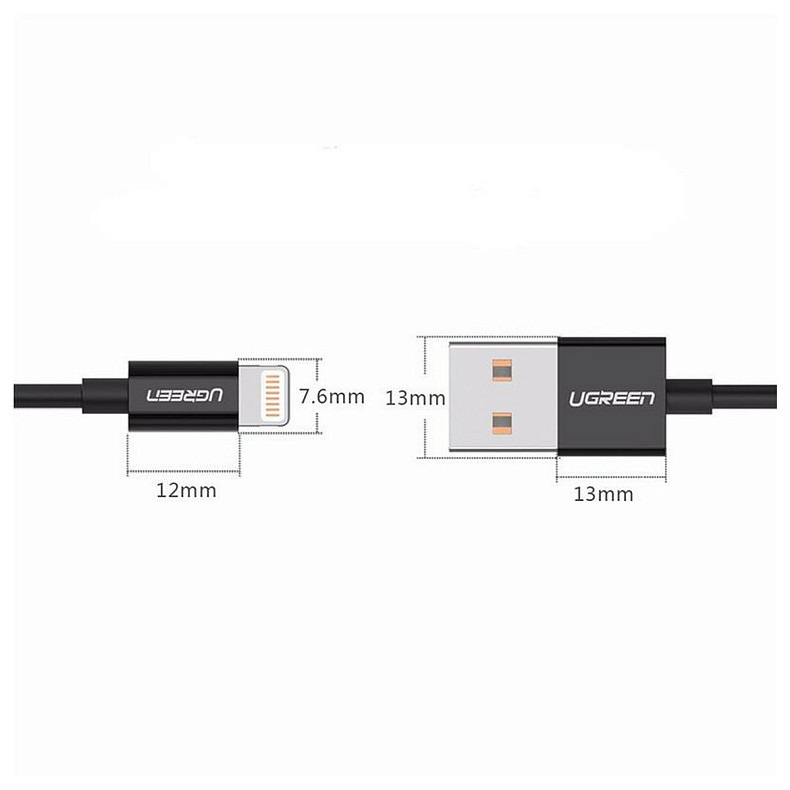 Кабель USB 2.0 AM-Lightning M, 2 м, 2.4A, Nickel Plating ABS Shell Черный, US155 UGREEN