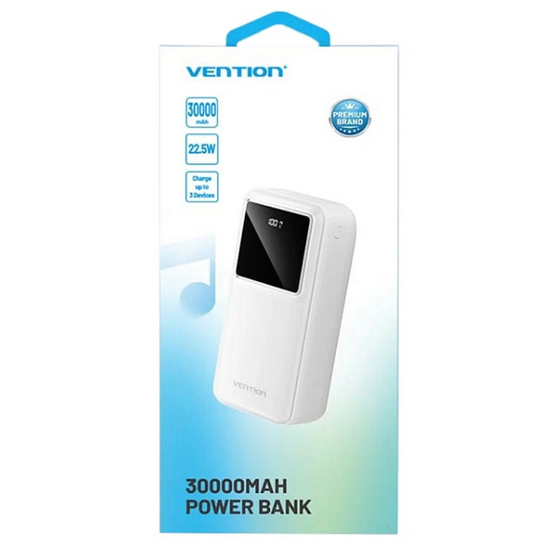 УМБ Vention 30000mAh 22.5W 3A, PD, QC3.0, Micro-USB, USB-C, 2x USB-A, LED Display White
