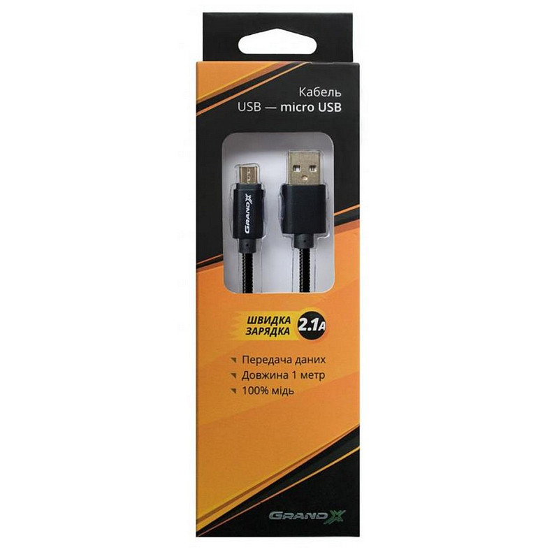 Кабель Grand-X USB-microUSB 2.1A, 1м, CU, защита - метал. оплетка, Black (MM-01B), упаковка гифтбокс