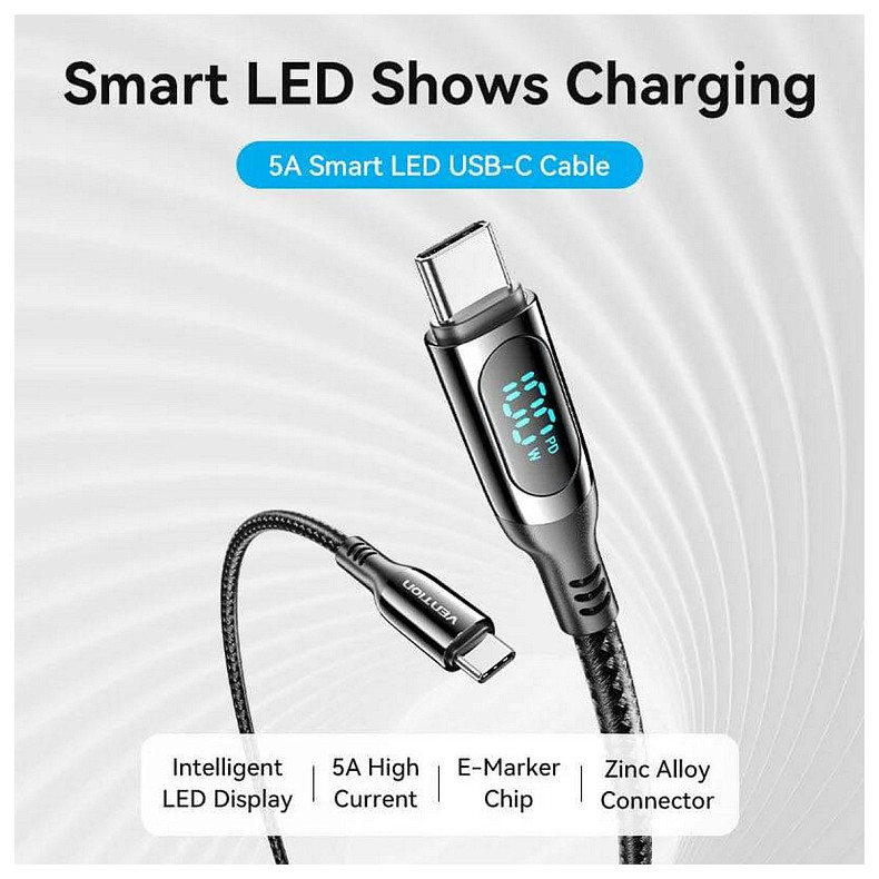 Кабель USB 3.1 Type-C M-M, 1.2 м, 100W, З дисплеєм Чорний Zinc Alloy Vention