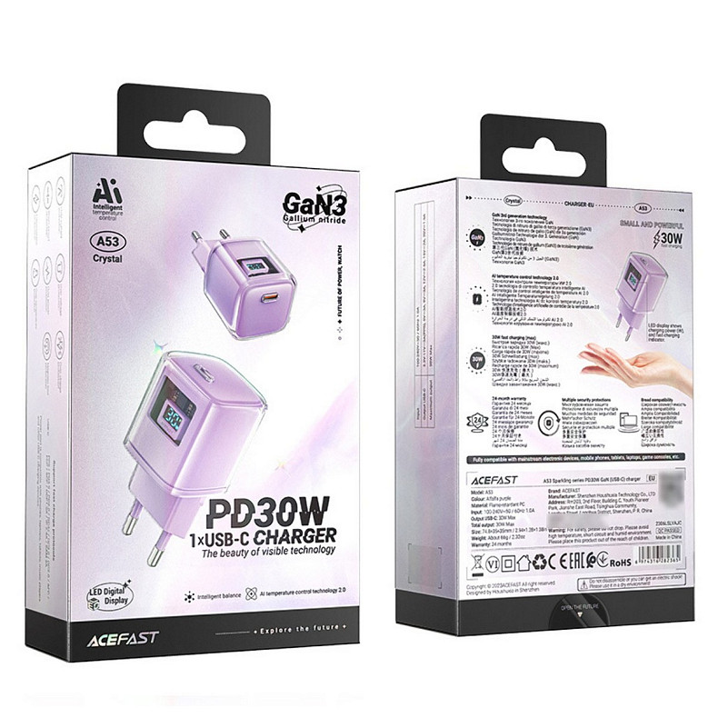Зарядное устройство 1xUSB-C 30W Gan A53 Fast Charger alfalfa purple Acefast