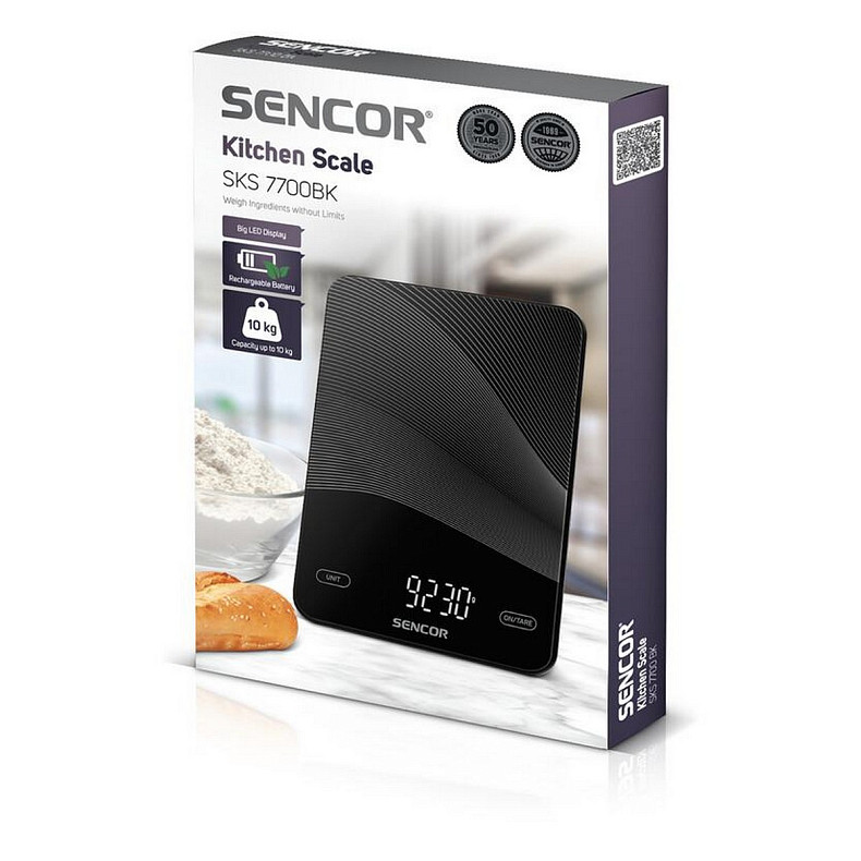 Ваги Sencor кухонні, 10кг, акумулятор 250mAh, USB-C, сенс. керув., скло, чорний