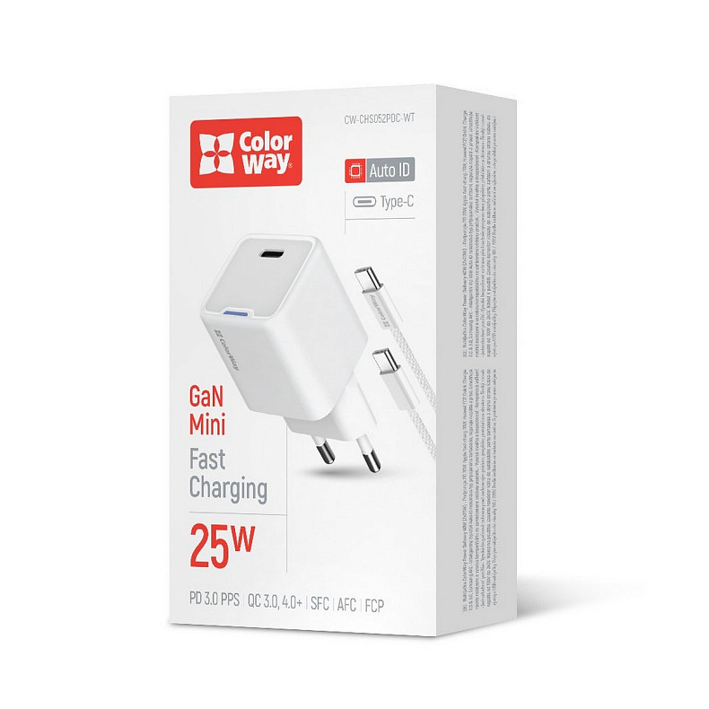 Сетевое зарядное устройство ColorWay GaN Mini 25W PD Port PPS USB-C White (CW-CHS052PDC-WT) + кабель
