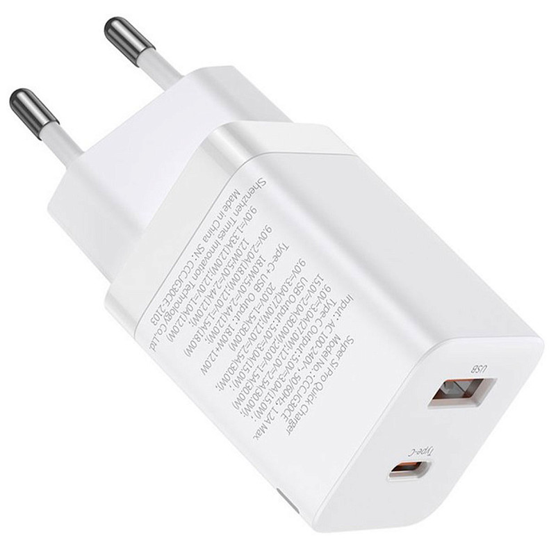 Мережевий зарядний пристрій Baseus Super Si Pro Quick Charger C+U 30W EU White