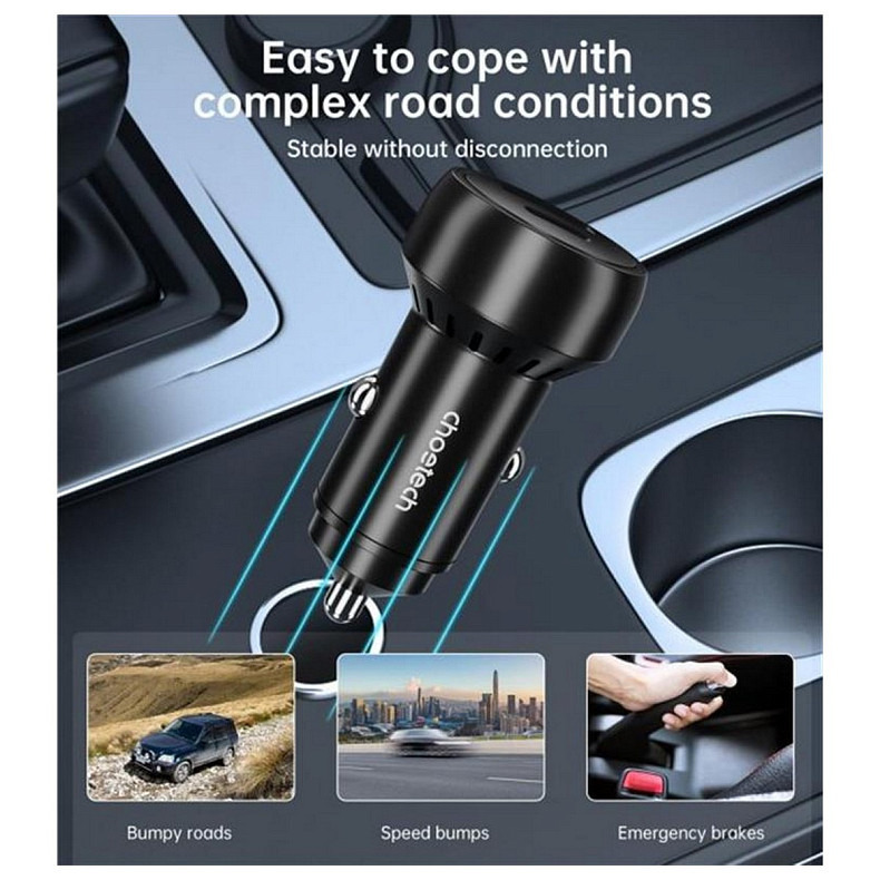 Автомобільний зарядний пристрій Choetech (1USB Type C; 1USB) 60W PD3.0 QC3.0 Black (TC0014)