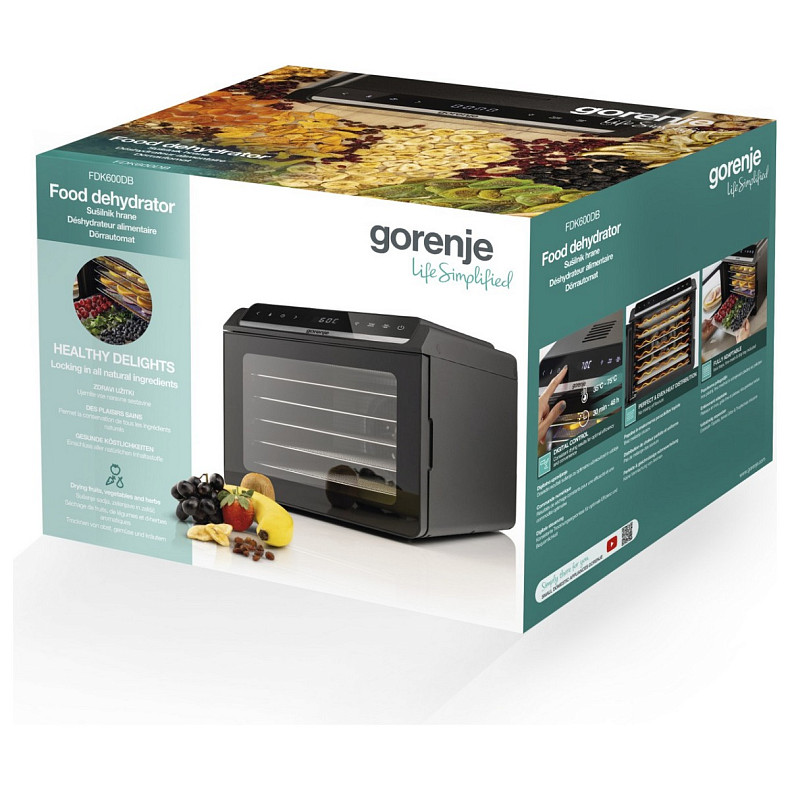Сушарка для продуктів Gorenje 580Вт, піддонів - 6x1.5см, діаметр - 25см, макс - 75°С, дисплей, пласт