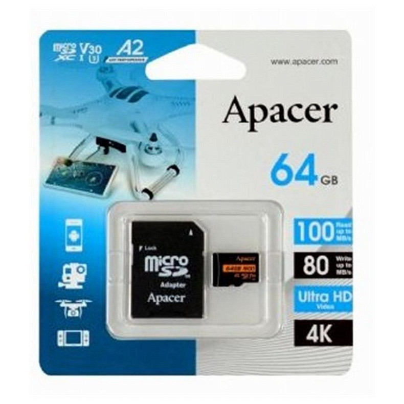 Карта пам'яті MicroSDXC 64GB UHS-I/U3 Class 10 Apacer (AP64GMCSX10U8-R) + SD адаптер