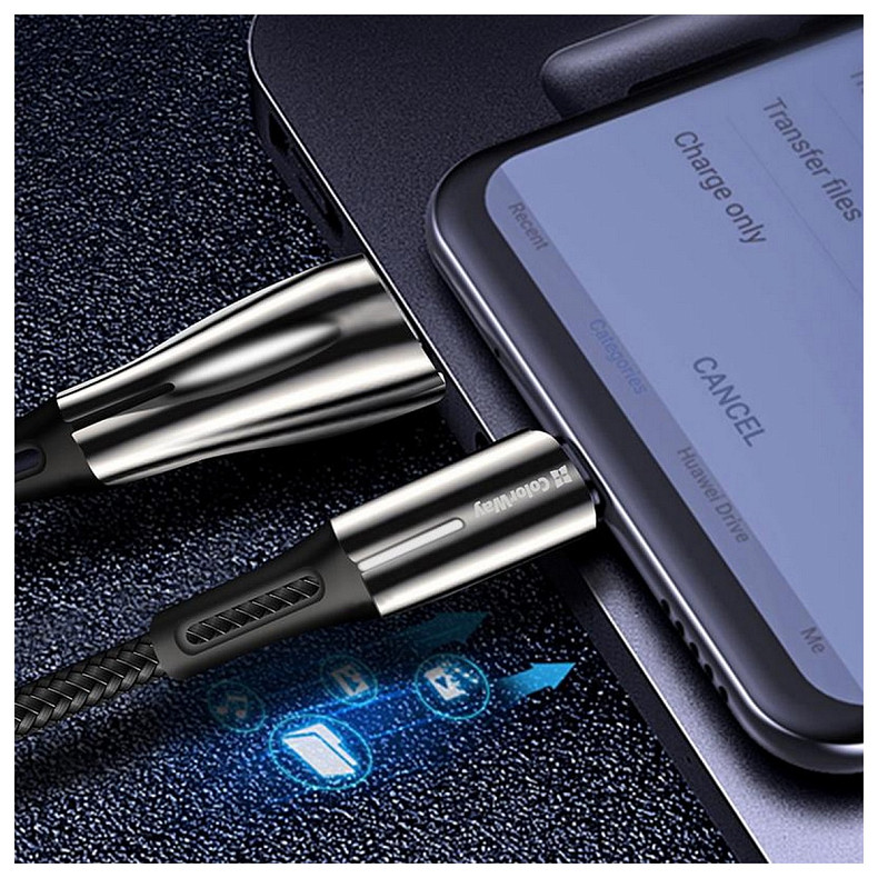 Кабель ColorWay USB-Lightning, 2.4А, 1м, Zinc Alloy + Led, Black (CW-CBUL035-BK)