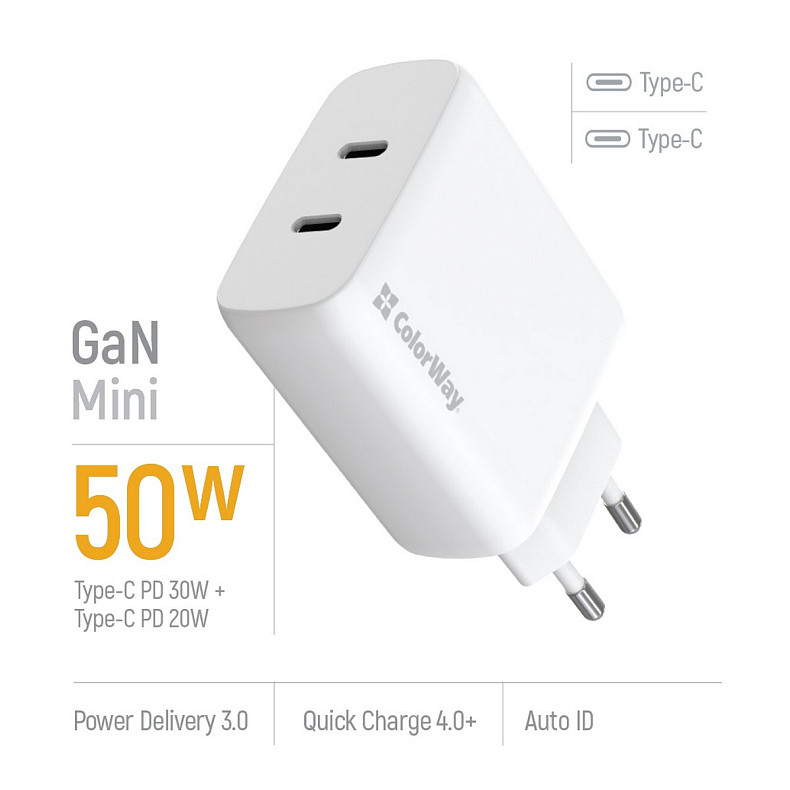 Сетевое зарядное устройство ColorWay GaN Mini 50W PD Port PPS USB (Type-C PD 30W + Type-C PD 20W) Wh