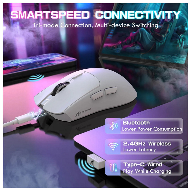 Мишка Attack Shark X1, Wireless/Bluetooth, 40000dpi. (PAW3395PRO), 6кн., White