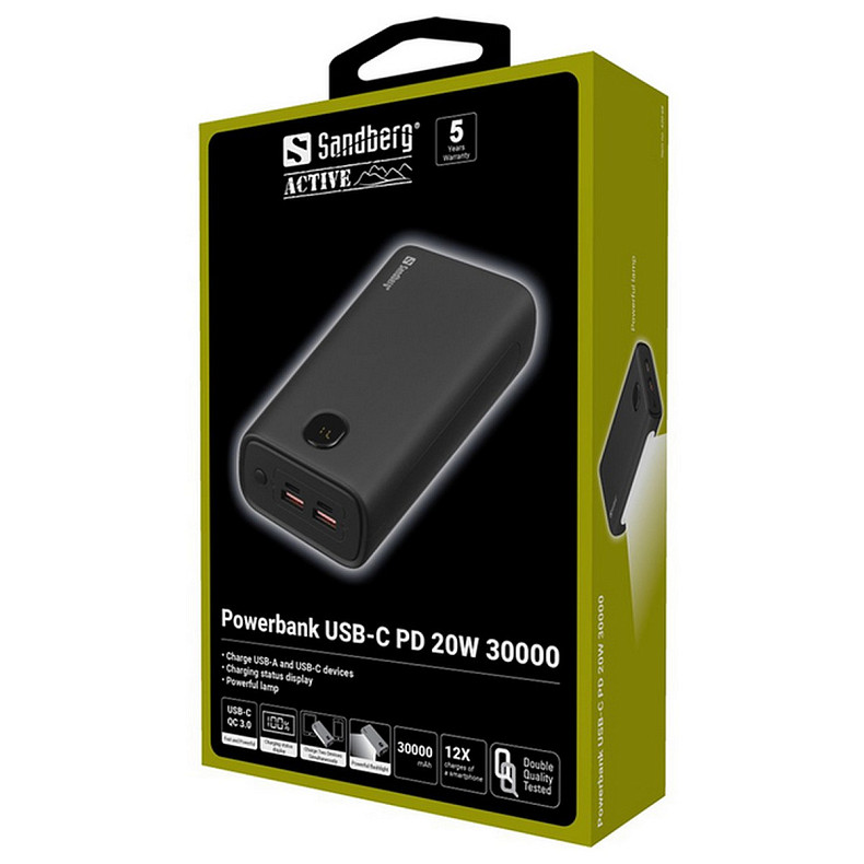 Універсальна мобільна батарея Sandberg PD 20W 1,7A QC3.0 30000 mAh, UPS mode, 2хUSB, Type-C OUT, ліхтарик