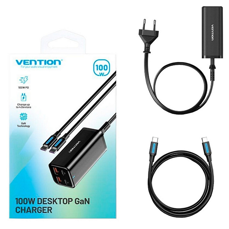 Зарядний пристрій 4xUSB 100W (2xUSB-C+2xUSB-A) PD3.0/QC 3.0/GaN Black Vention