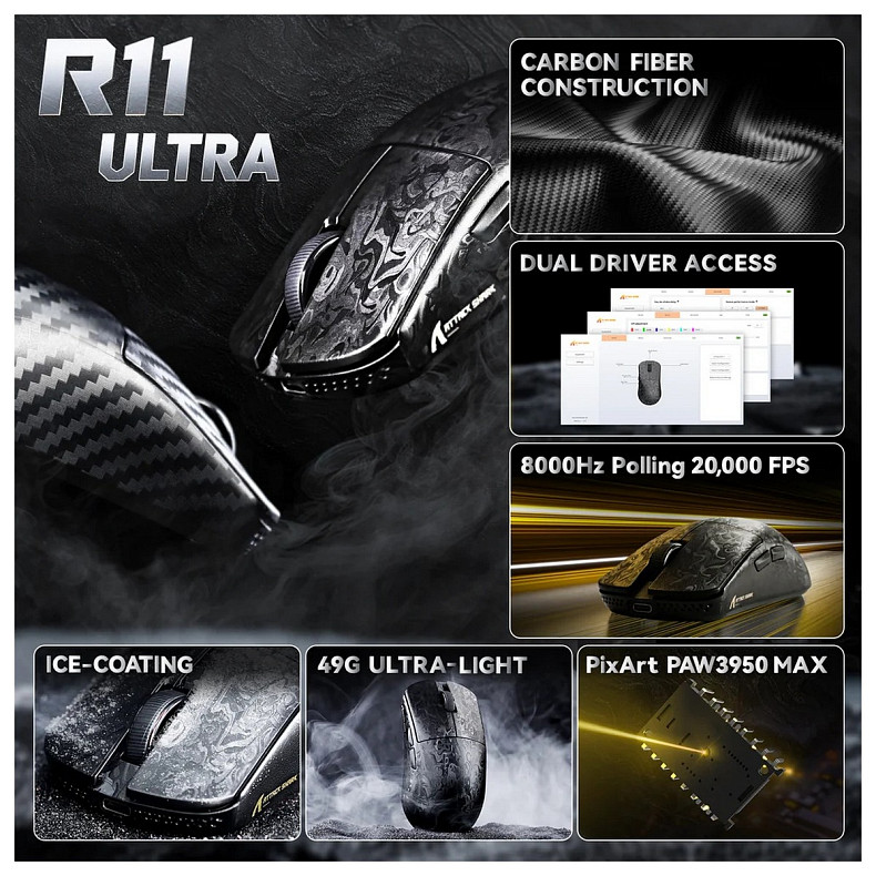 Мышка Attack Shark R11 Ultra, Wireless/Bluetooth, 42000dpi, (PAW3950MAX), 6кн., Ink Blade