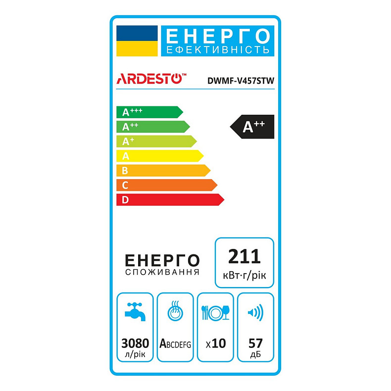 Посудомийна машина ARDESTO, 10компл., А++, 45см, дисплей, обробка парою, білий