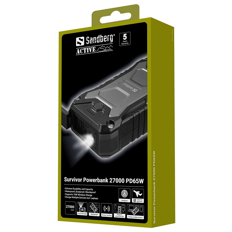 Універсальна мобільна батарея Sandberg Survivor 27000mAh PD65W, IP67,LED Torch,2xUSB-А 18W,USB-С 65W,QI-15W,UPS mode