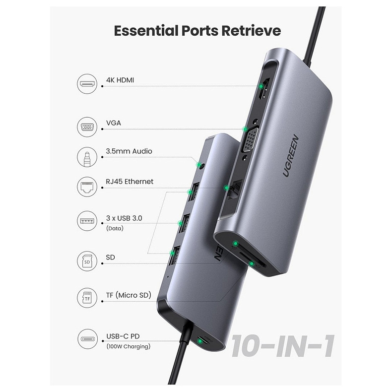 Док-станция USB3.0 Type-C --> HDMI/VGA/USB 3.0x3/RJ45/SD&TF/TRS/PD 100W Ugreen CM179 Косм. Серо