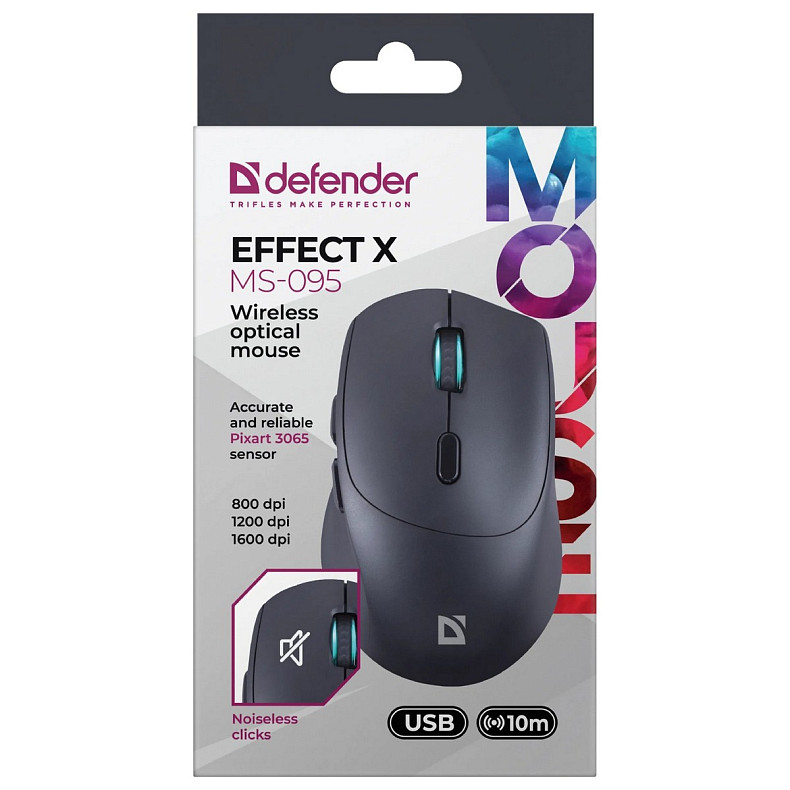 Мишка Defender Effect X MS-095, бездротова, 6 кн. до 1600 dpi, безшумна, чорна