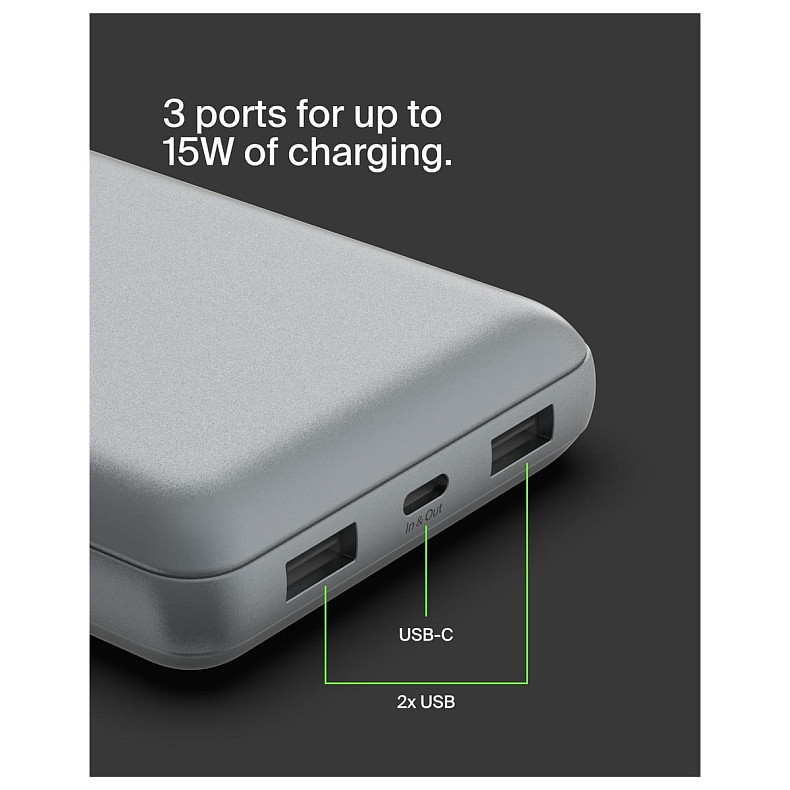 Аккумулятор портативный литий-ионный Power Bank Belkin 20000мА·ч, 15Вт, 2хUSB-A/USB-C, серый