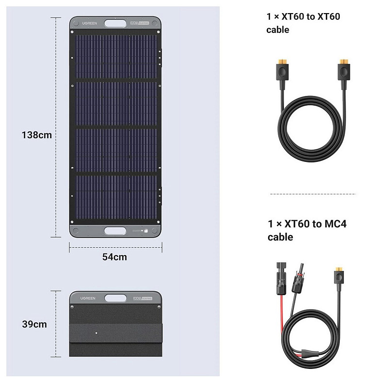 Солнечная панель Ugreen 100W Solar Panel SC100 IP67 MPPT XT60+MC4
