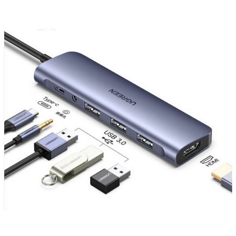 Док-станція USB3.0 Type-C --> HDMI/USB 3.0x3/TRRS 3.5mm/PD Ugreen CM136 Сіра