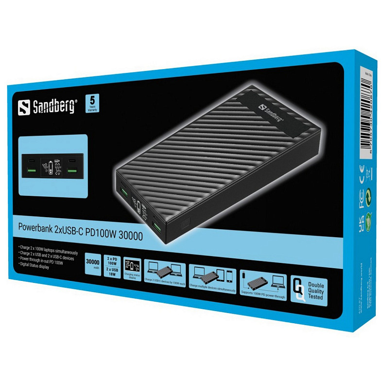 УМБ Sandberg PD 30000mAh 100W UPS mode, 2xType-C PD, 2xUSB QC 3.0