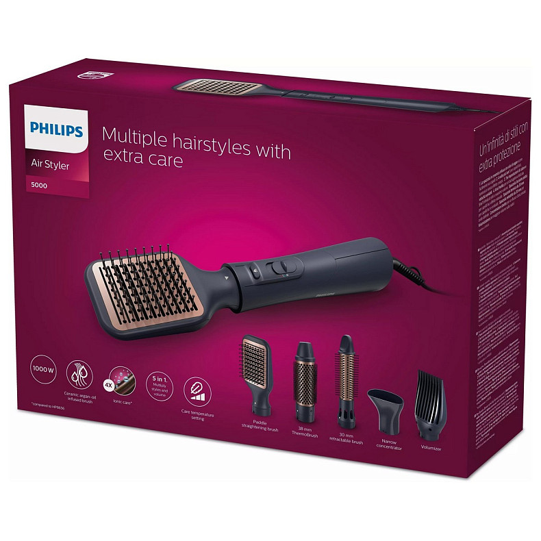 Фен-щетка Philips 5000 Series 1000Вт, 3 режима, ионизация, 5 насадок, синий