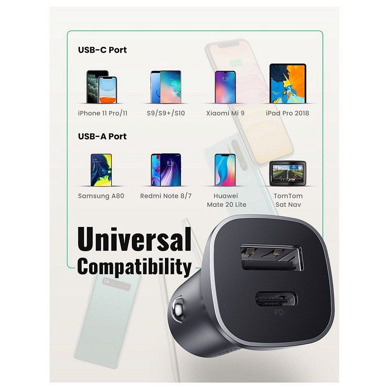 Автомобильное зарядное устройство для UGREEN CD130 20W USB + Type-C PD Car Charger (Серый)