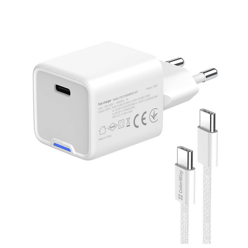 Мережевий зарядний пристрій ColorWay GaN Mini 35W PD Port PPS USB-C White (CW-CHS056PDC-WT) + кабель