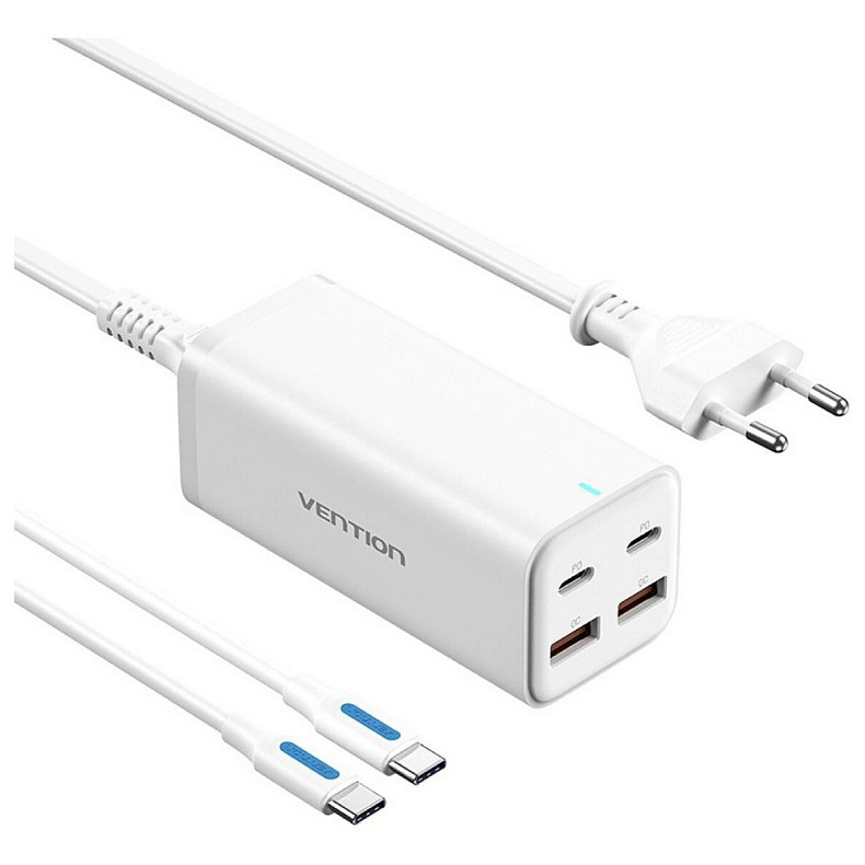 Зарядний пристрій 4xUSB 100W (2xUSB-C+2xUSB-A) PD3.0/QC 3.0/GaN White Vention