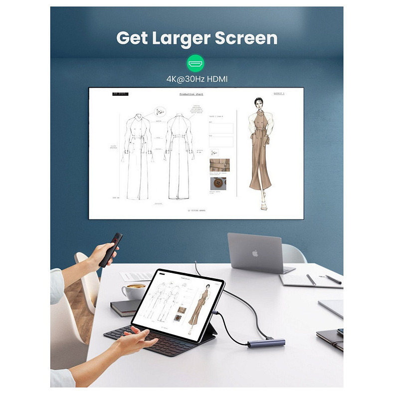 Док-станция USB3.0 Type-C --> HDMI/USB 3.0x2/RJ45/PD Ugreen CM418 Серая