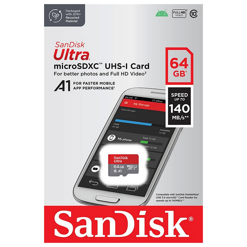 Карта пам'яті SanDisk microSD 64GB C10 UHS-I R140MB/s Ultra