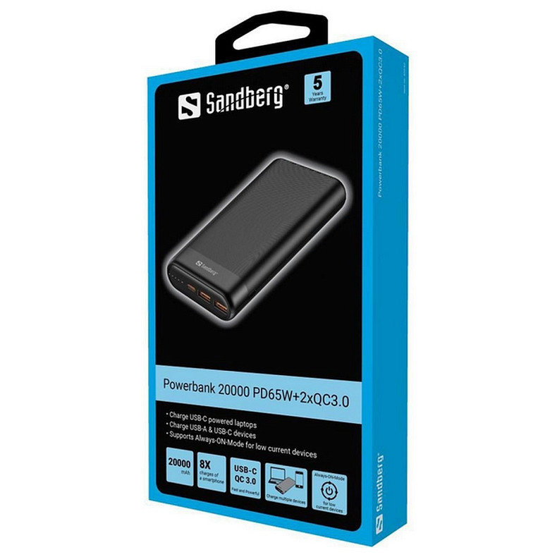 Универсальная мобильная батарея Sandberg PD 20000 mAh 65W 3A QC3.0, UPS mode, USB, 2хType-C OUT