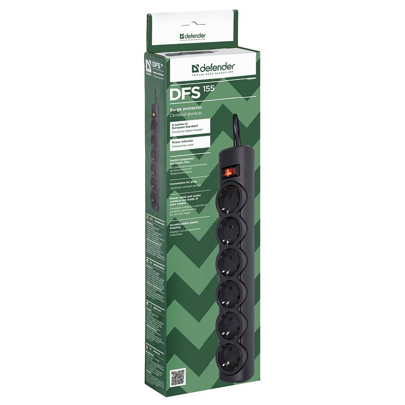 Power filtr 5,0м Defender DFS 155, чорний, 6 розеток, з вимикачем