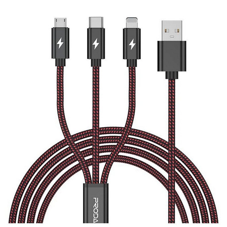 Кабель Proda PD-B65th USB-Lightning + microUSB + USB-C, 1.2м, Red